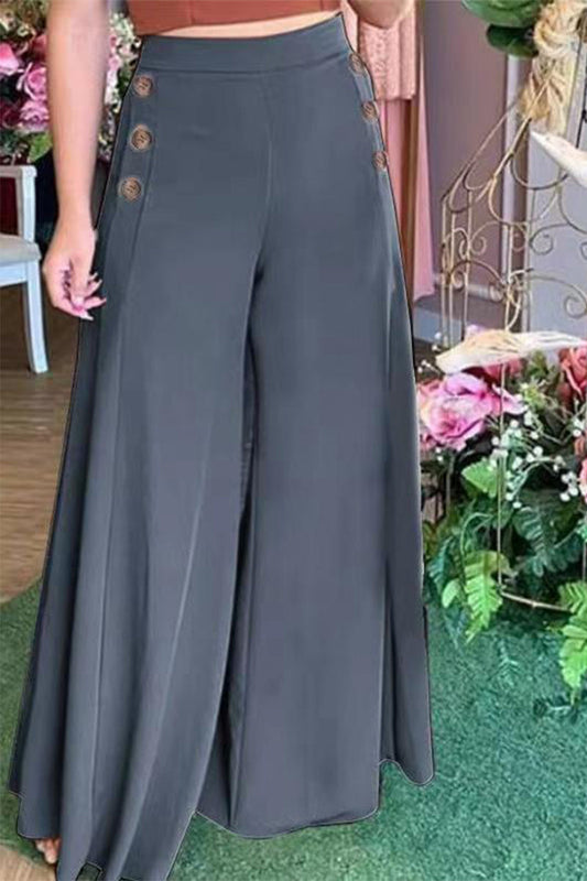 Pantalones casuales elegantes de color liso con botones sólidos y pierna ancha suelta