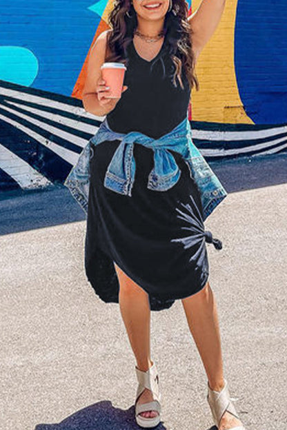 Vestido informal de cuello en V, color liso y diario.