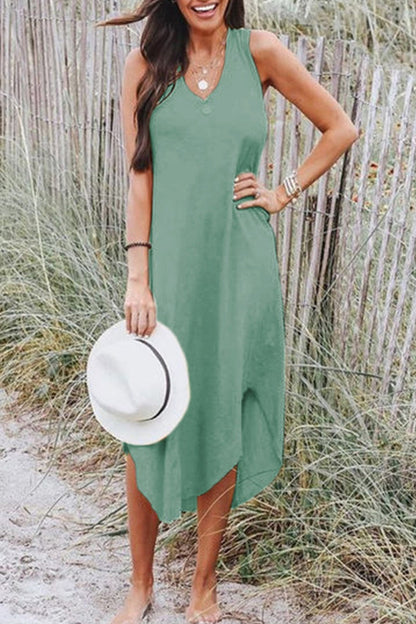 Vestido informal de cuello en V, color liso y diario.