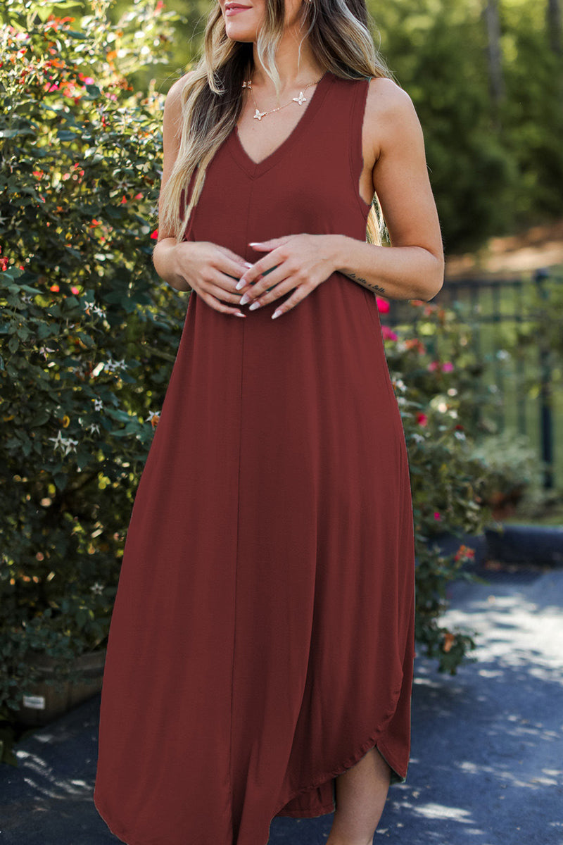 Vestido informal de cuello en V, color liso y diario.