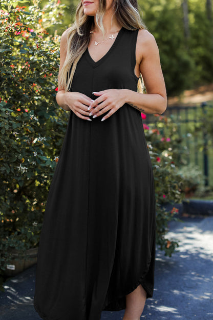 Vestido informal de cuello en V, color liso y diario.