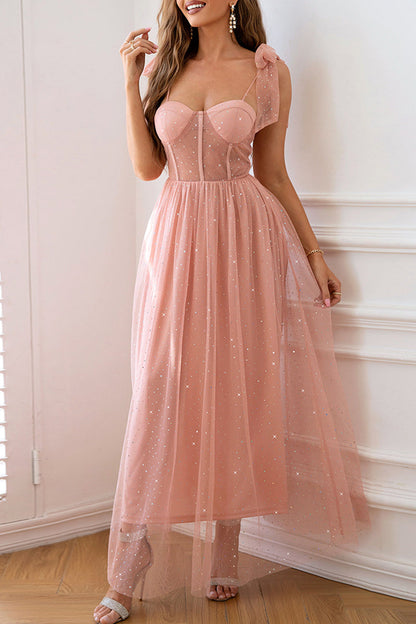 Vestido de noche elegante de cuello POLO de malla con lentejuelas y frenillo sólido de celebridades