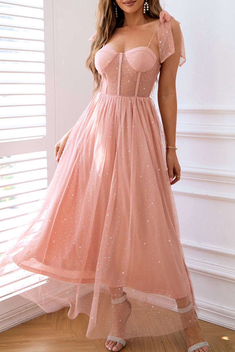 Vestido de noche elegante de cuello POLO de malla con lentejuelas y frenillo sólido de celebridades