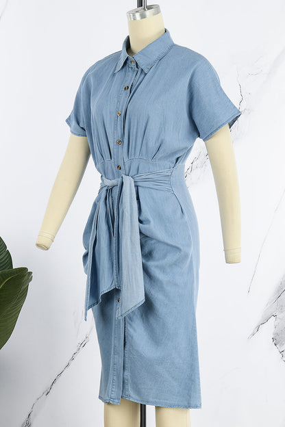 Casual Street Solid Frenulum Buckle Turndown Collar Short Sleeve Regular Denim Dresses