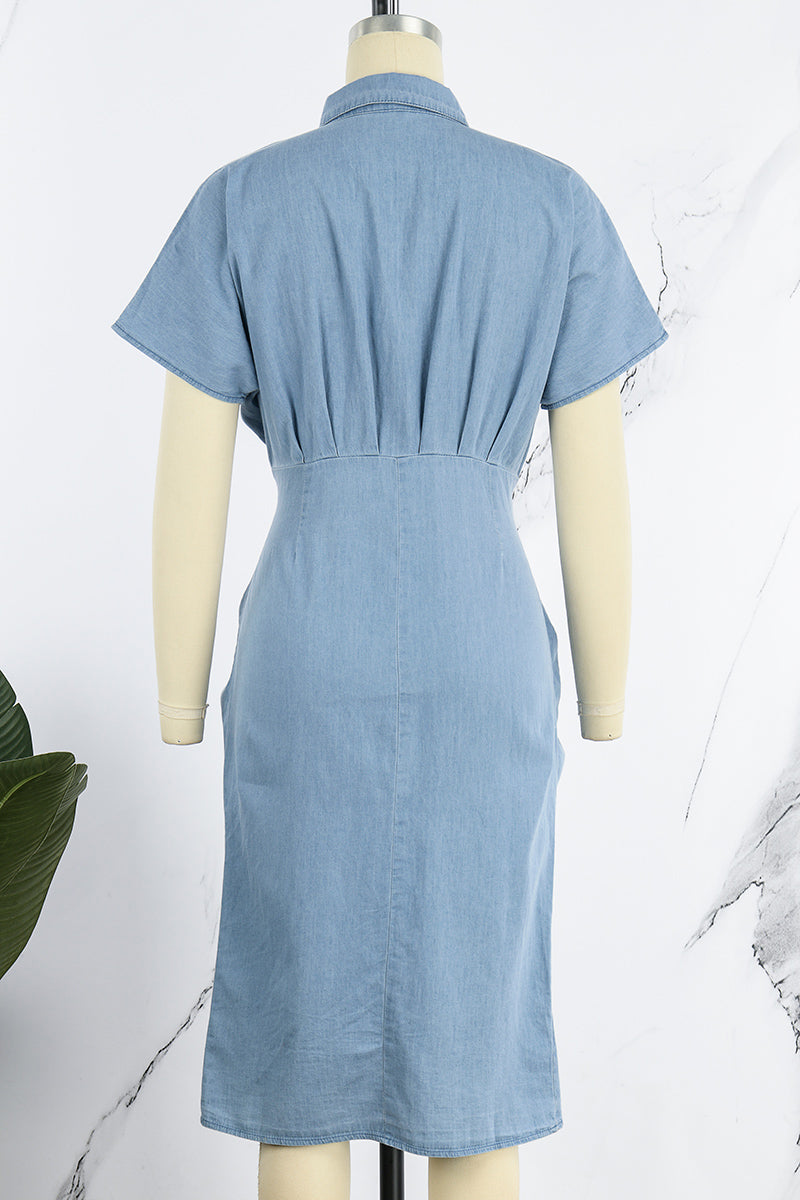Casual Street Solid Frenulum Buckle Turndown Collar Short Sleeve Regular Denim Dresses