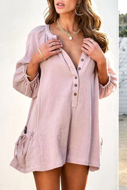 Casual Simplicity Solid Pocket V Neck Loose Rompers