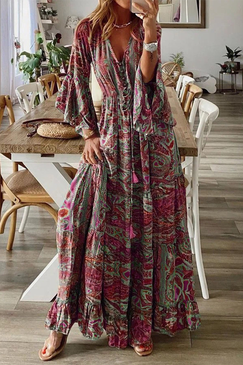 Vestidos de corte A con cuello en V y patchwork floral para vacaciones universitarias