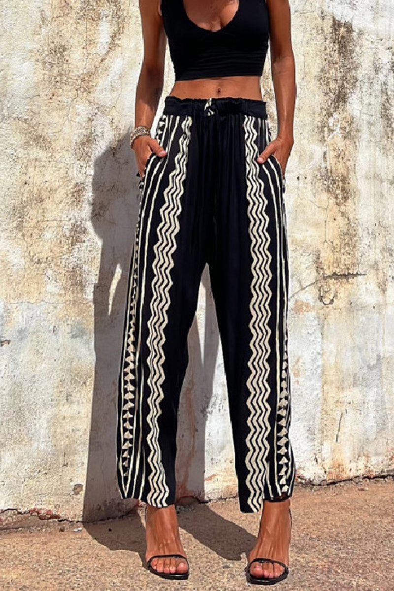 Pantalones casuales de patchwork con estampado geométrico y cintura media holgados de estilo harén