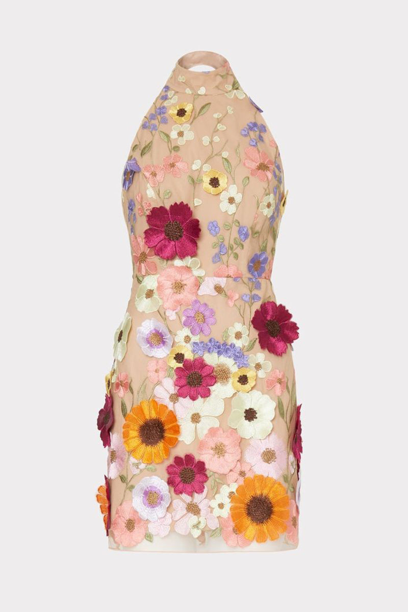 Vestido de noche con cuello halter, bordado y patchwork, dulce y formal.