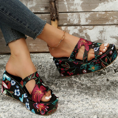 Casual Daily Hollowed Out Patchwork Printing Round Comfortable Out Door Wedges Shoes (Heel Height 2.36in)