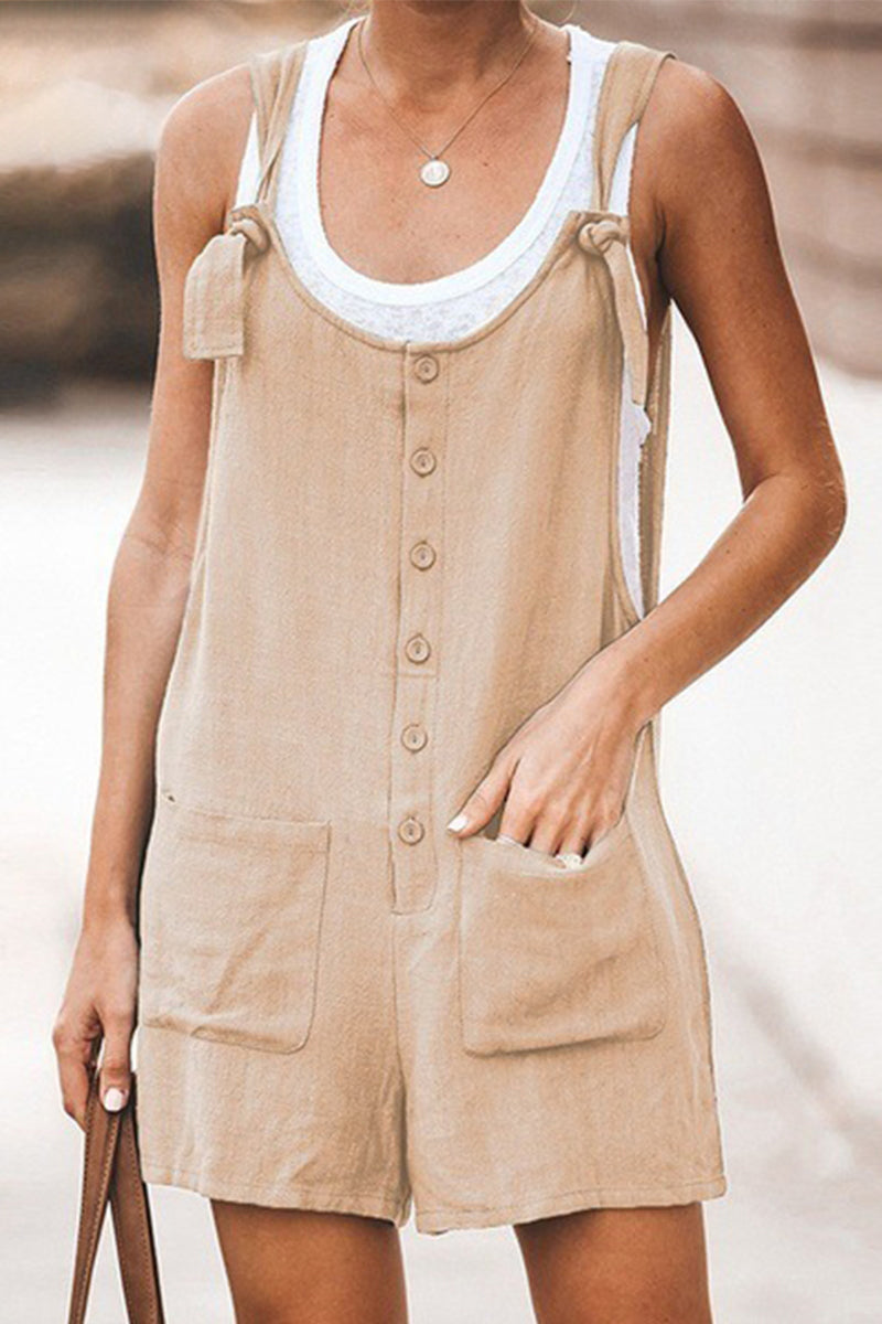 Casual Daily Solid Pocket Buttons U Neck Loose Rompers