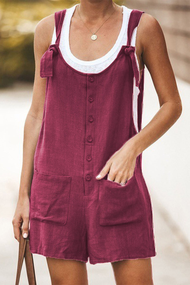 Casual Daily Solid Pocket Buttons U Neck Loose Rompers