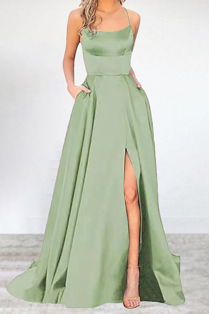 Vestido de noche sexy, formal, liso, con abertura alta y escote en U (16 colores)