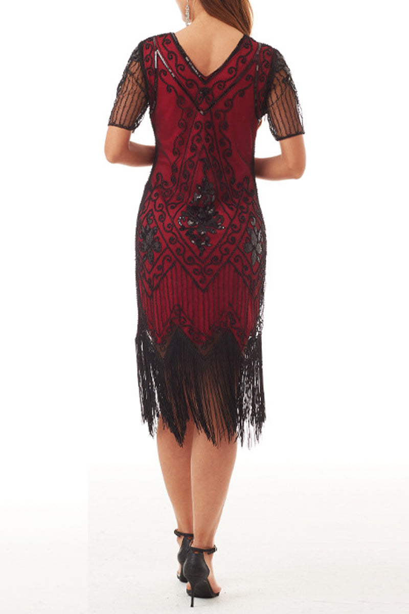 Vestidos sexis de fiesta con cuello en V, de patchwork, con borlas y lentejuelas