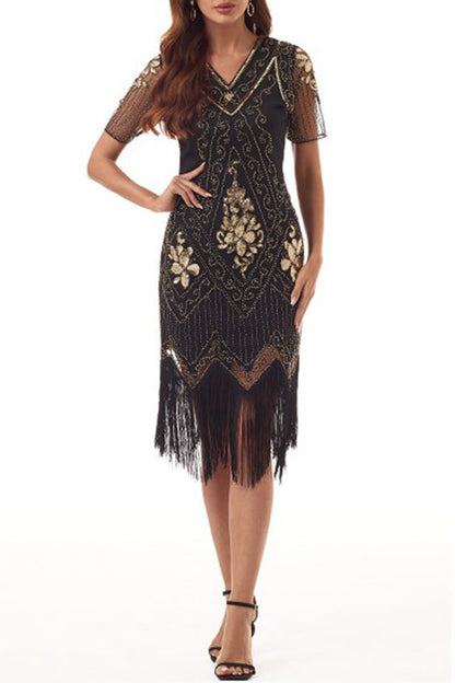 Vestidos sexis de fiesta con cuello en V, de patchwork, con borlas y lentejuelas