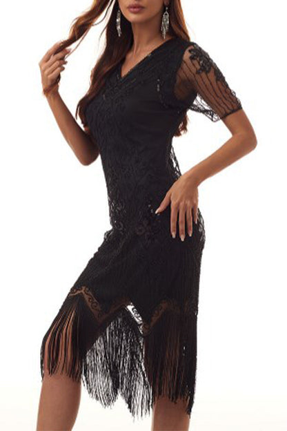 Vestidos sexis de fiesta con cuello en V, de patchwork, con borlas y lentejuelas