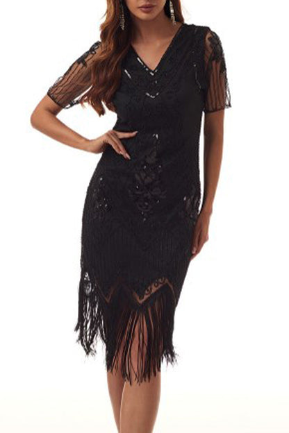 Vestidos sexis de fiesta con cuello en V, de patchwork, con borlas y lentejuelas