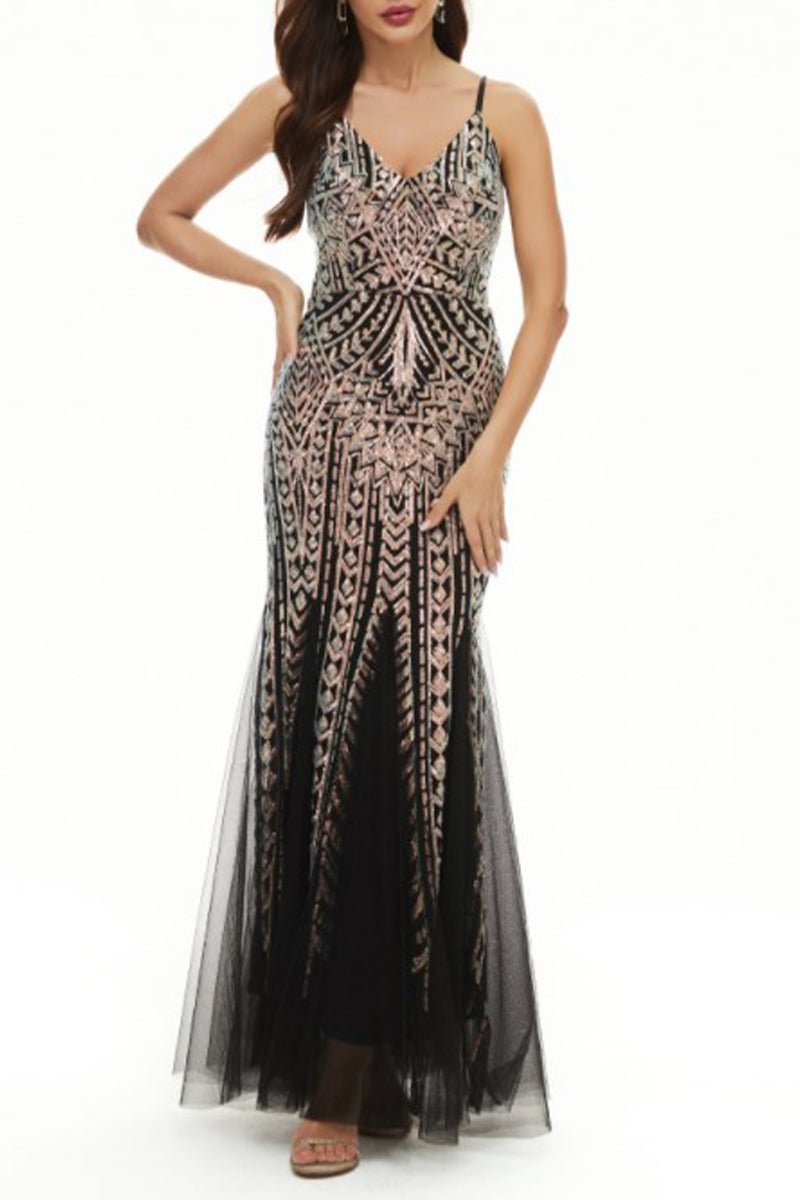 Vestidos de noche con escote en V y lentejuelas de patchwork de celebridades sexys