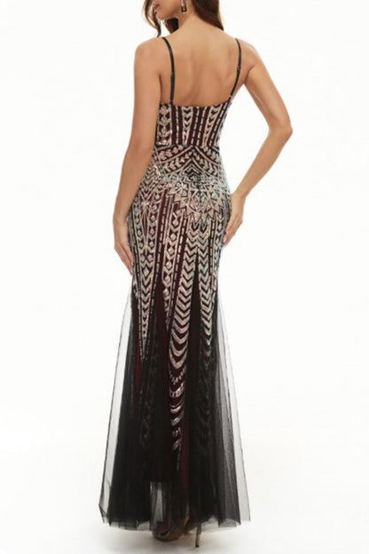 Vestidos de noche con escote en V y lentejuelas de patchwork de celebridades sexys