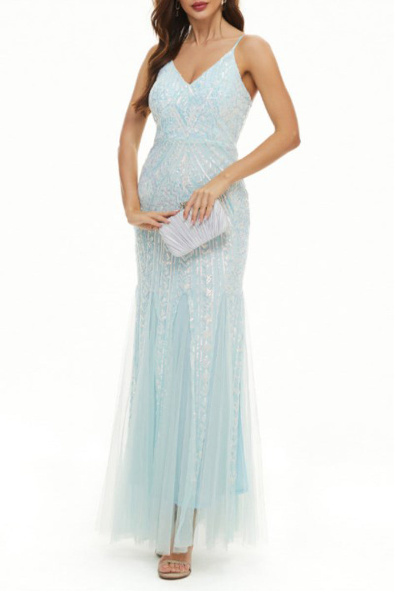 Vestidos de noche con escote en V y lentejuelas de patchwork de celebridades sexys