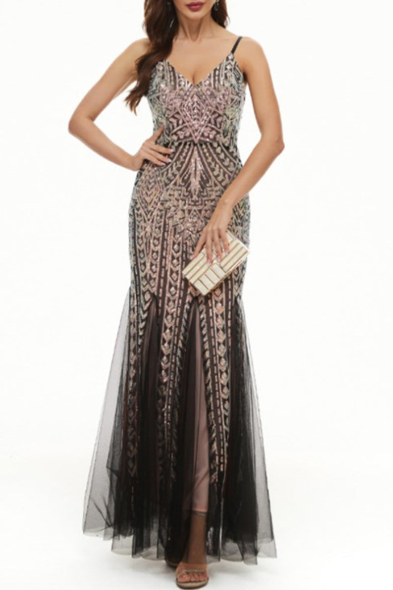 Vestidos de noche con escote en V y lentejuelas de patchwork de celebridades sexys