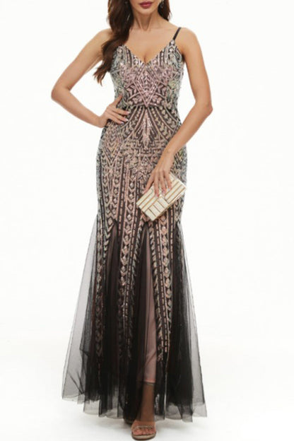 Vestidos de noche con escote en V y lentejuelas de patchwork de celebridades sexys