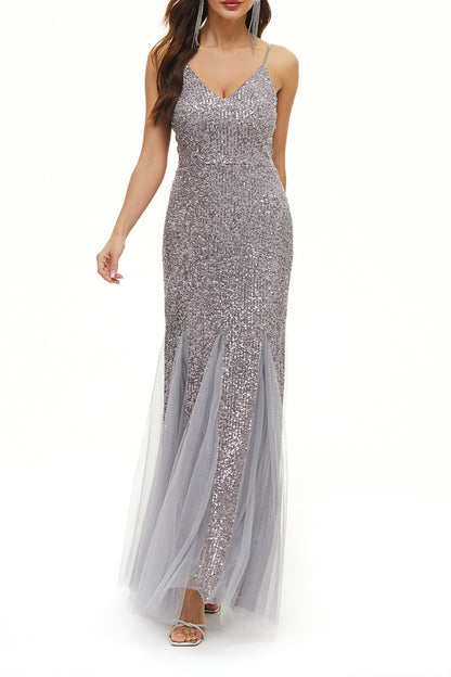 Vestido de noche sexy formal de patchwork liso con cuello en V