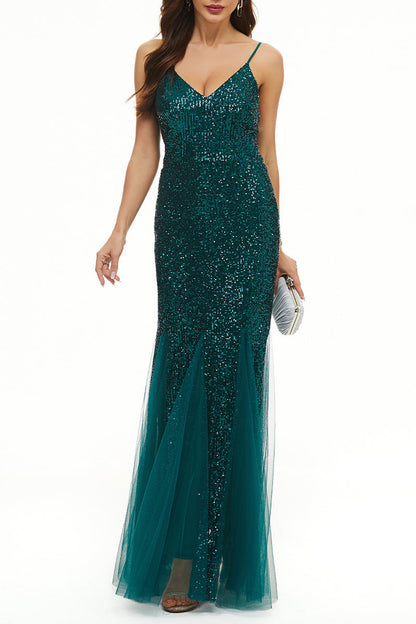 Vestido de noche sexy formal de patchwork liso con cuello en V