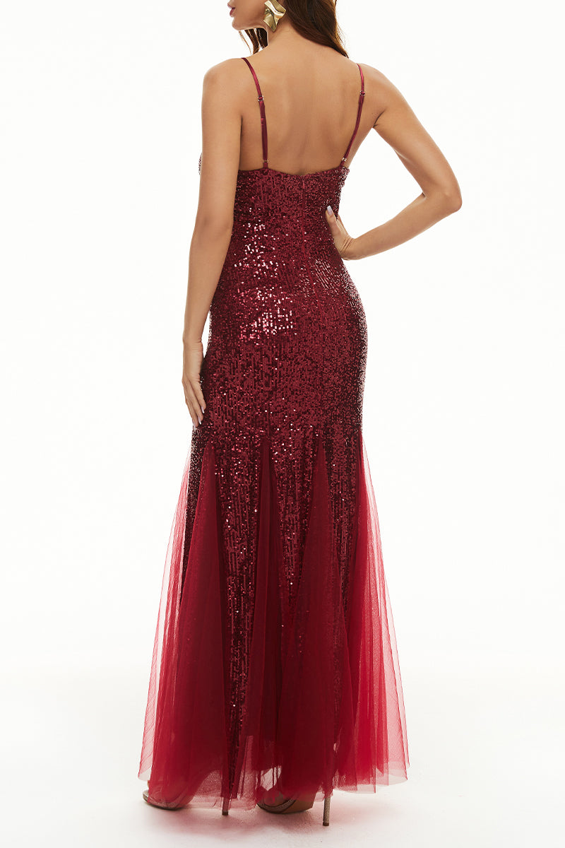 Vestido de noche sexy formal de patchwork liso con cuello en V