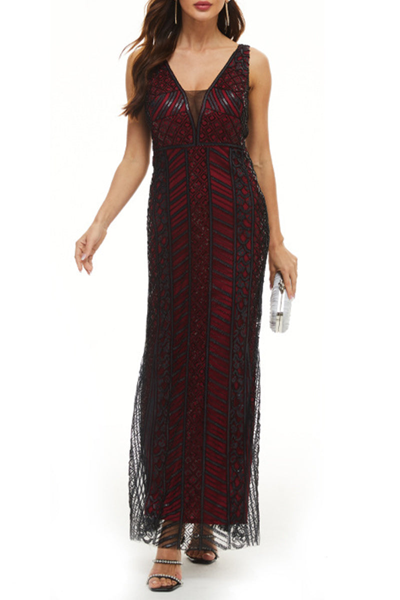 Vestido de noche sexy formal con cuello en V y patchwork