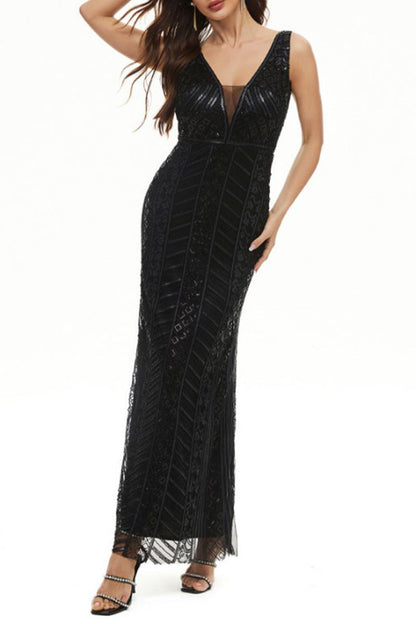 Vestido de noche sexy formal con cuello en V y patchwork