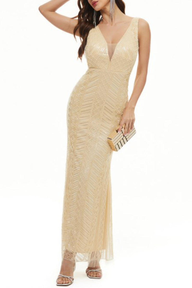 Vestido de noche sexy formal con cuello en V y patchwork