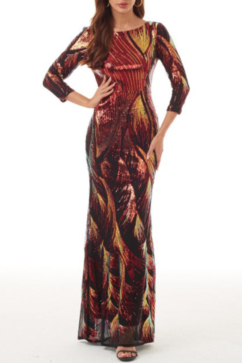 Elegante vestido de noche universitario con cuello redondo, lentejuelas y patchwork en bloques de color