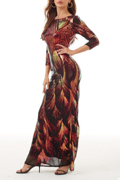 Elegante vestido de noche universitario con cuello redondo, lentejuelas y patchwork en bloques de color