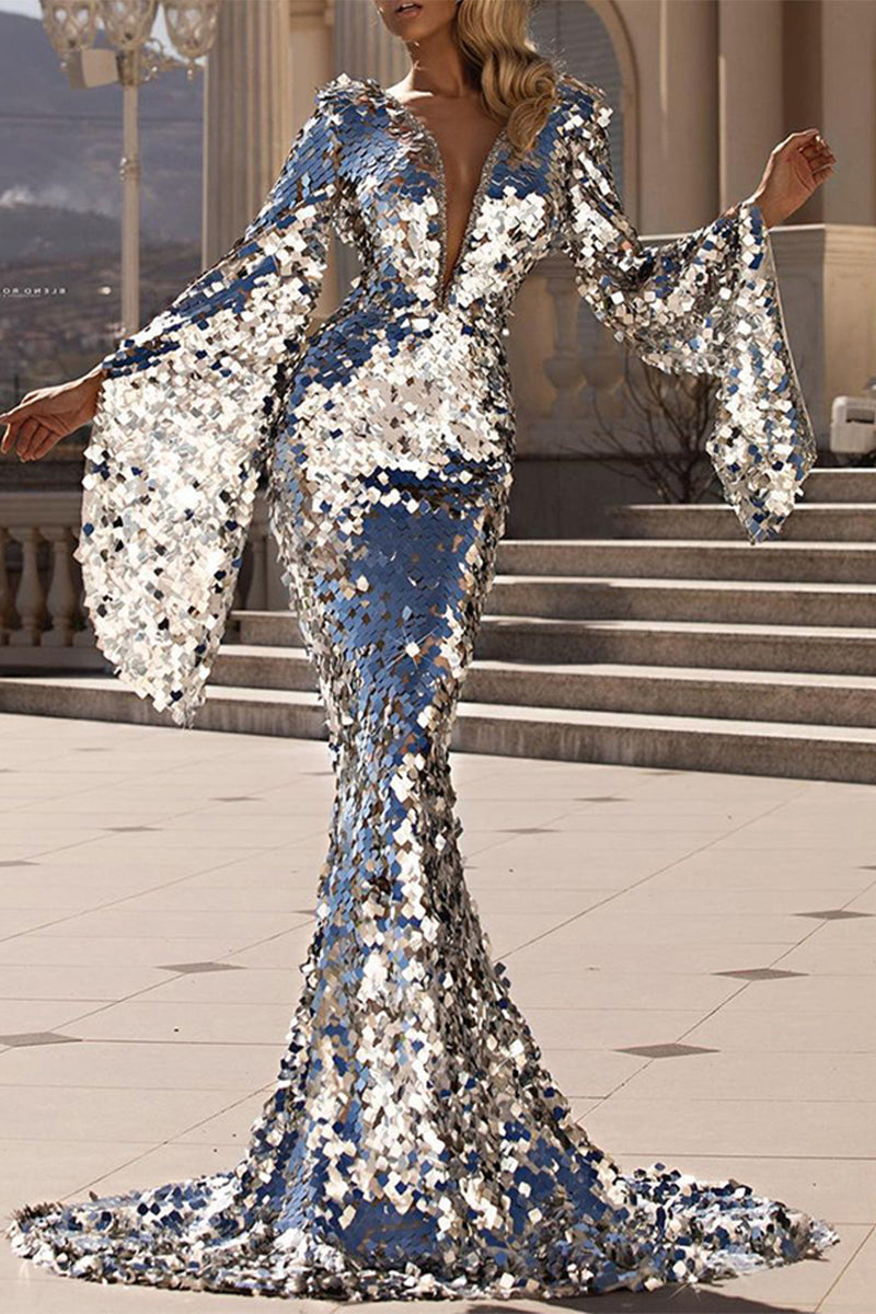 Vestidos sexis formales de patchwork liso con cuello en V y falda cruzada