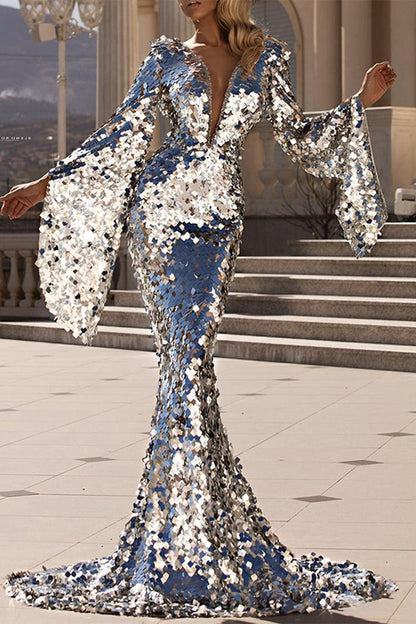 Vestidos sexis formales de patchwork liso con cuello en V y falda cruzada