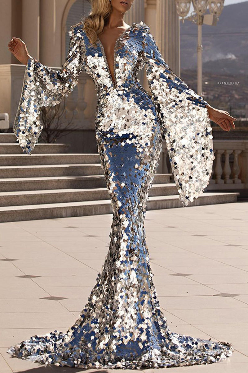 Vestidos sexis formales de patchwork liso con cuello en V y falda cruzada