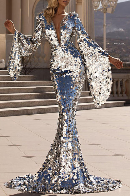 Vestidos sexis formales de patchwork liso con cuello en V y falda cruzada