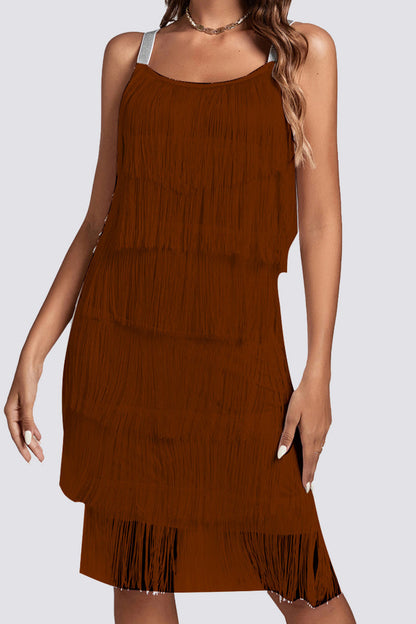 Vestido sexy de fiesta con borlas lisas y cuello en U