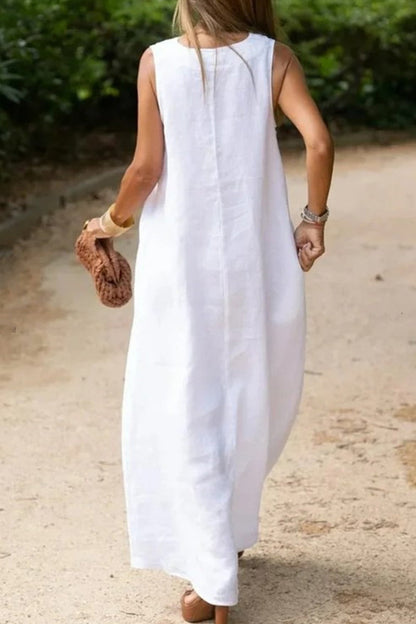 Vestido informal sencillo con cuello en V y bolsillos lisos