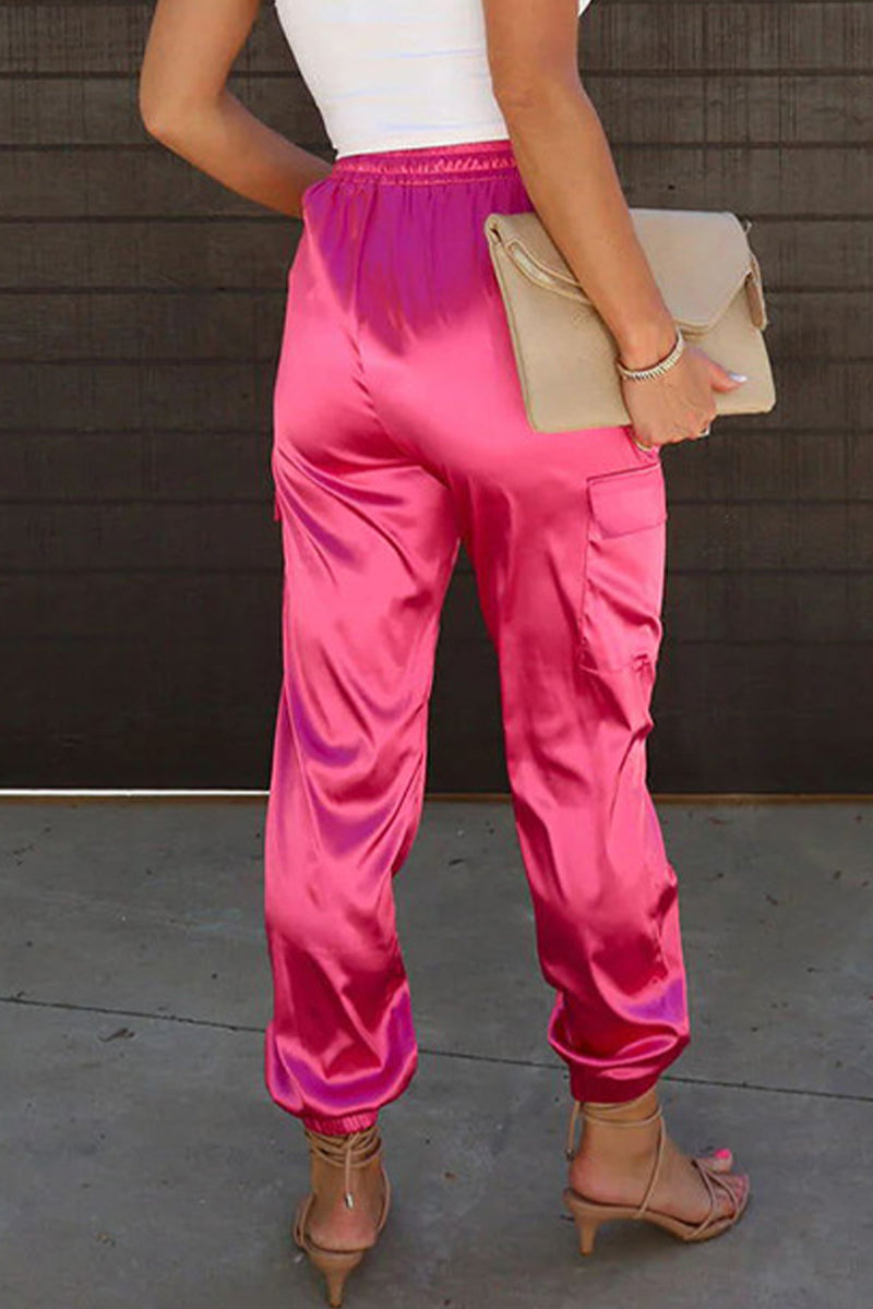 Pantalones casuales de color liso con cintura alta, rectos y con bolsillos