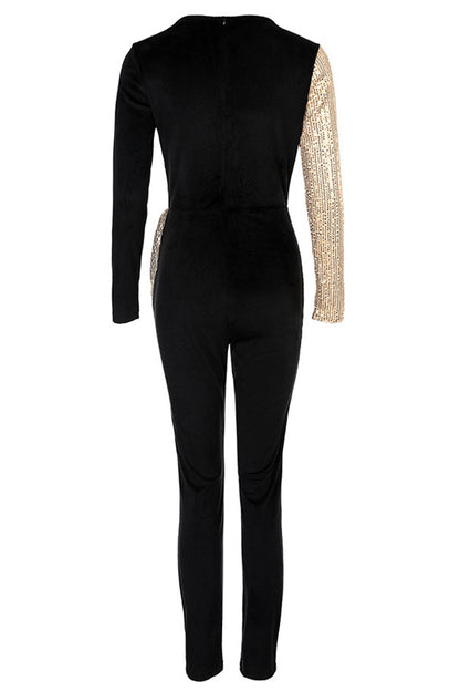 Casual Color Block Sequins V Neck Regular Jumpsuits