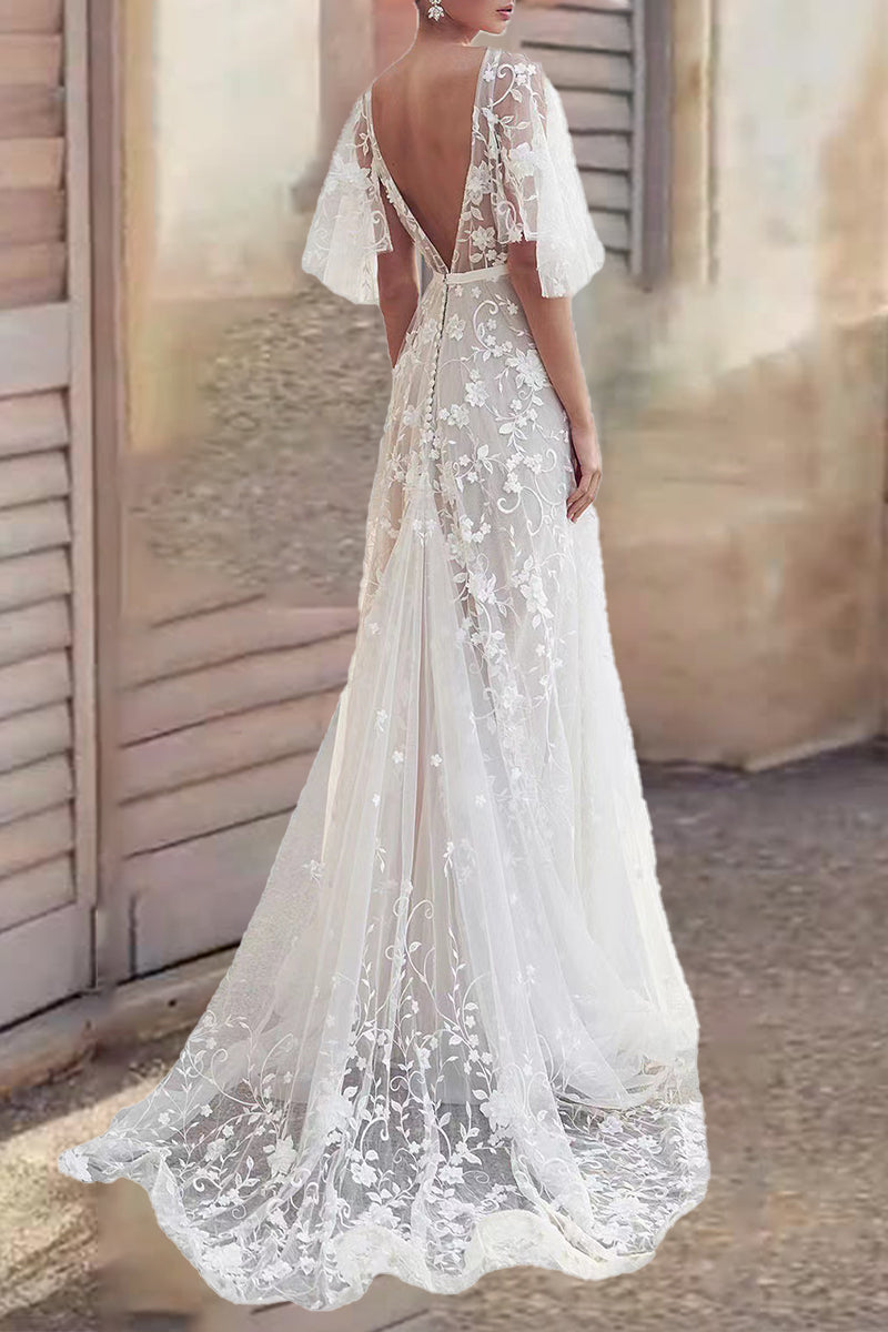 Elegantes vestidos formales de encaje sólido con espalda descubierta y cuello en V