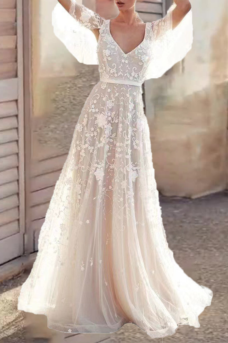 Elegantes vestidos formales de encaje sólido con espalda descubierta y cuello en V