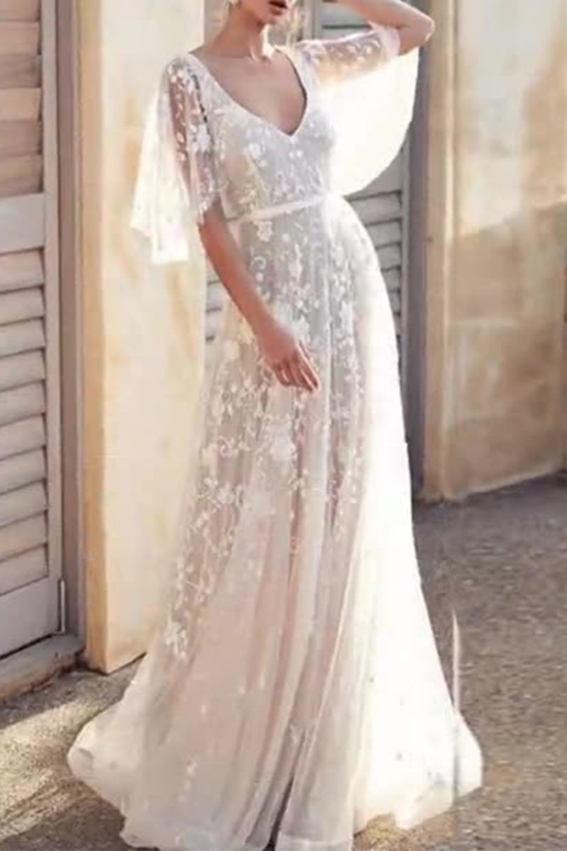 Elegantes vestidos formales de encaje sólido con espalda descubierta y cuello en V