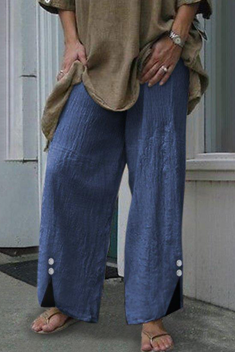 Pantalones casuales de color liso con botones, sueltos, de cintura media y rectos