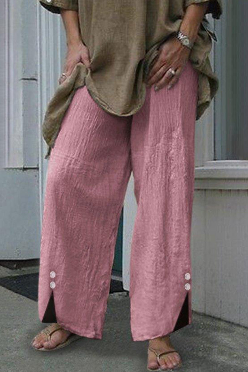 Pantalones casuales de color liso con botones, sueltos, de cintura media y rectos