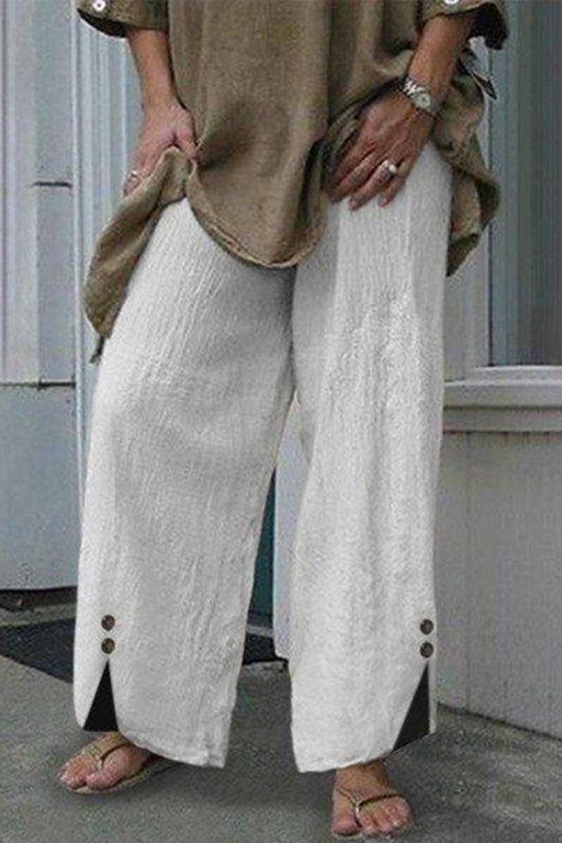 Pantalones casuales de color liso con botones, sueltos, de cintura media y rectos