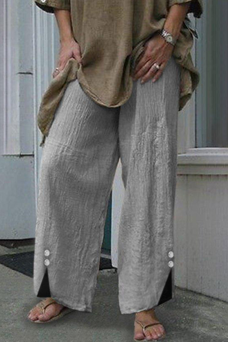 Pantalones casuales de color liso con botones, sueltos, de cintura media y rectos