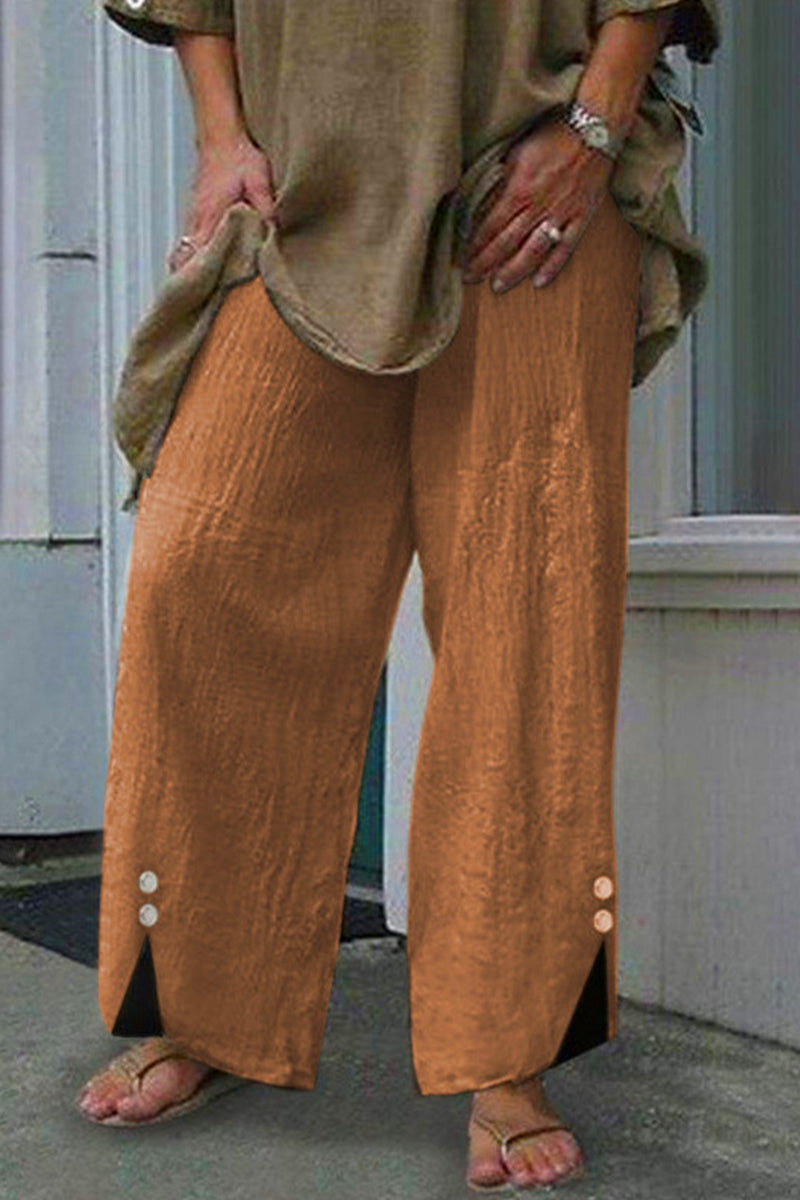 Pantalones casuales de color liso con botones, sueltos, de cintura media y rectos